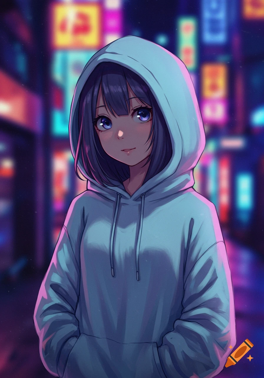 An anime girl in a light blue hoodie smiles in a neon-lit urban street at night.
