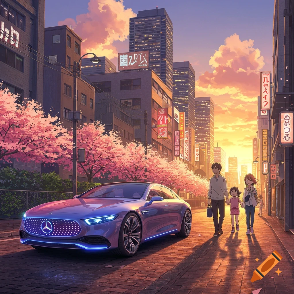 Anime style cityscape at sunset with cherry blossoms. A purple Mercedes car in foreground, family walking on sidewalk.