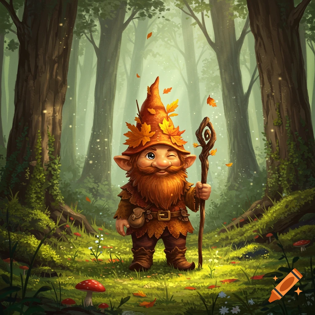 A cute, winking brown gnome with an autumn leaf hat and a long beard holds a staff in a vibrant, illustrated forest.