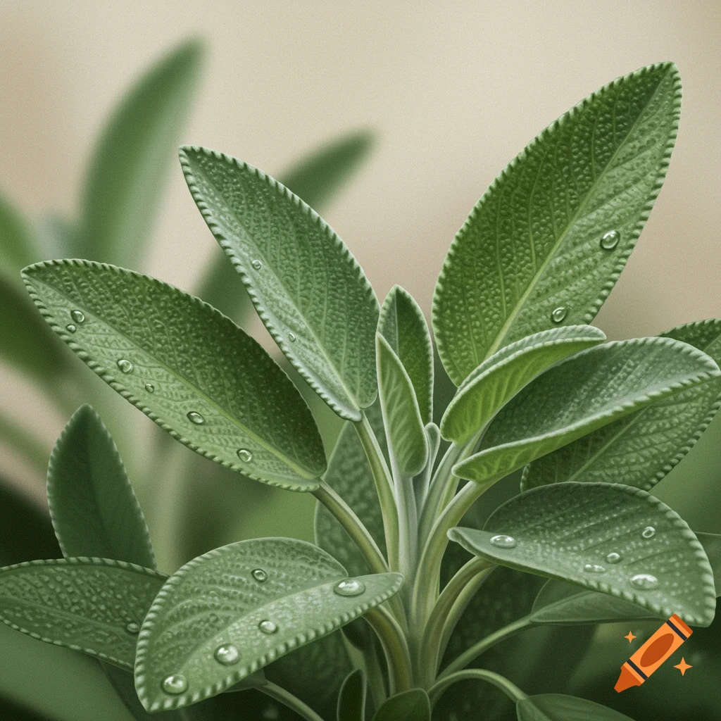 Close-up photorealistic image of green sage leaves with water droplets.