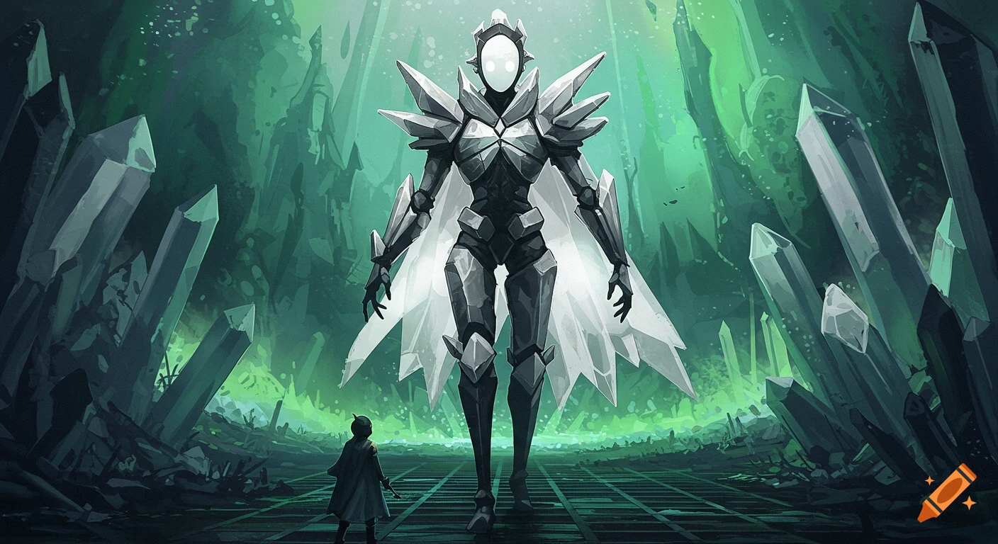 A towering crystalline entity faces a small robed figure in a surreal green crystal landscape with a grid floor, digital art.