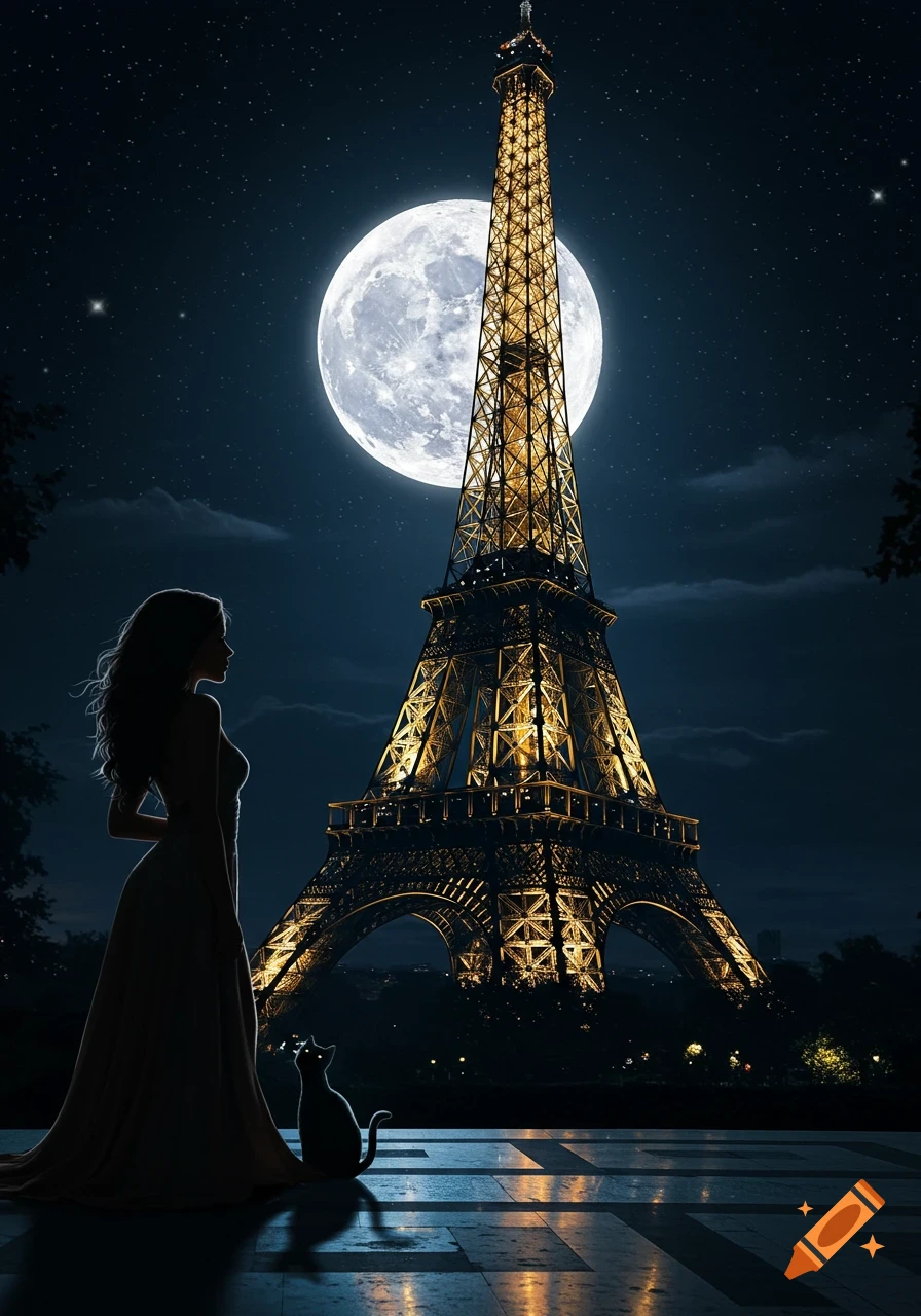A silhouetted woman and cat gaze at the illuminated Eiffel Tower under a large full moon at night.
