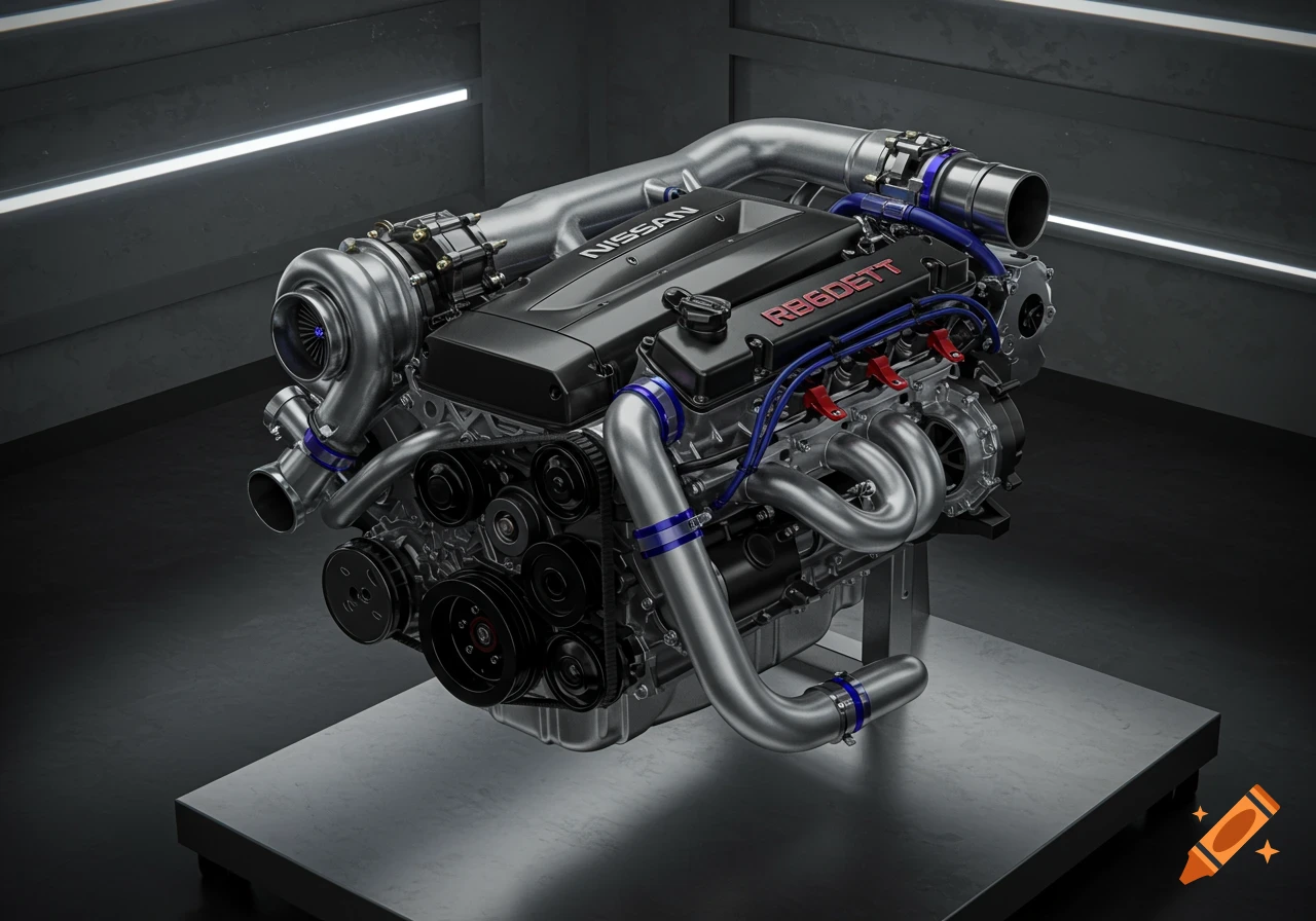 Photorealistic rendering of a detailed Nissan RB26DETT engine with turbos and pipes on a stand in a dark studio.