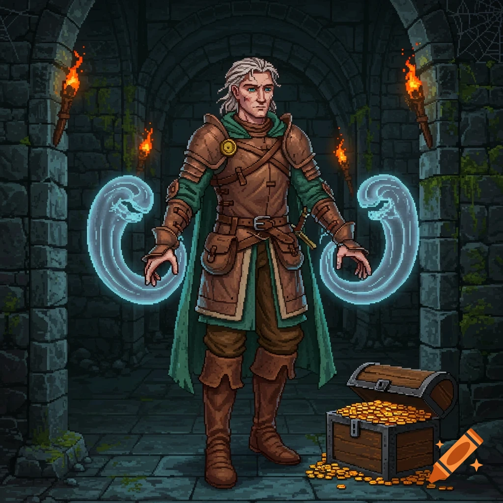 Pixel art fantasy adventurer with glowing magic in a dungeon with a treasure chest of gold.