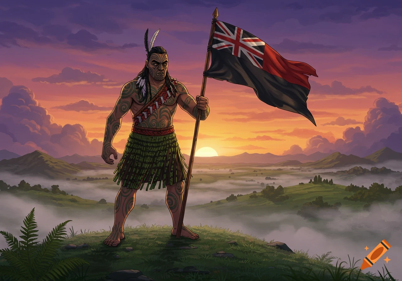 Illustrative portrait of a proud Māori warrior holding the Tino Rangatiratanga flag on a misty hill at sunset.