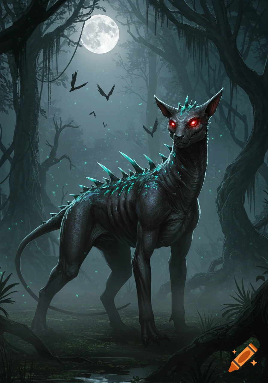 A menacing, spiky chupacabra-like creature with glowing red eyes stands in a dark, misty forest under a full moon.