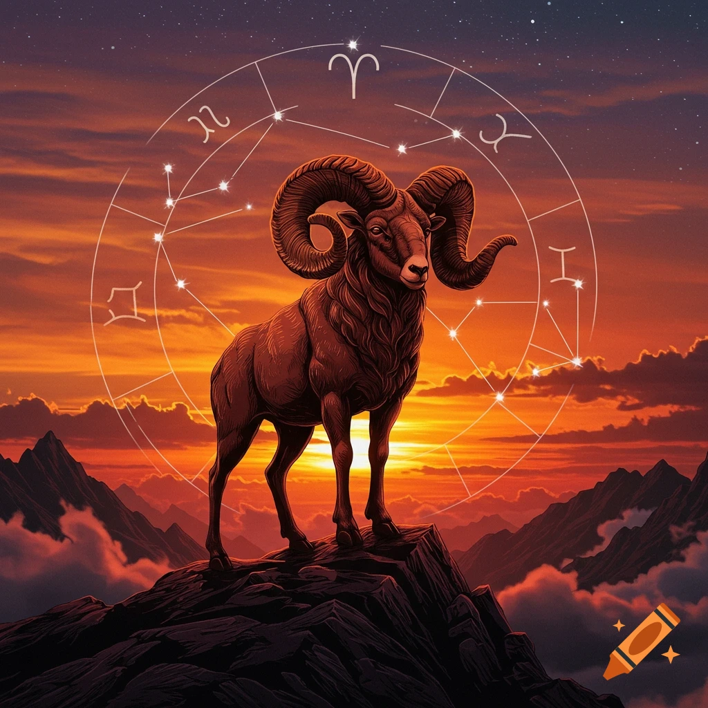 An illustrated ram with large horns stands atop a mountain, silhouetted by a vibrant sunset and surrounded by a circle of astrological symbols.