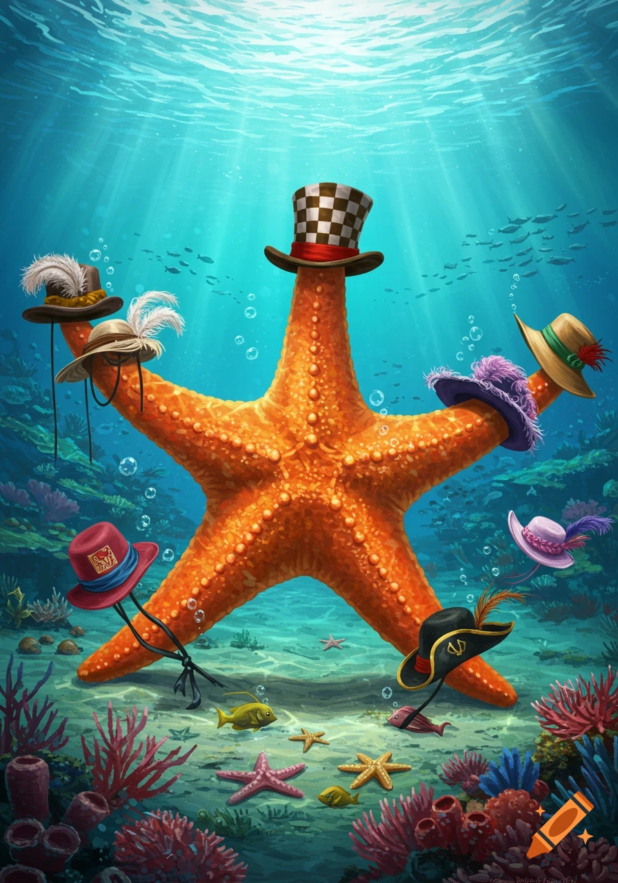 A large orange starfish on the ocean floor, adorned with many colorful and elaborate hats, surrounded by coral and small fish in a vibrant illustration.