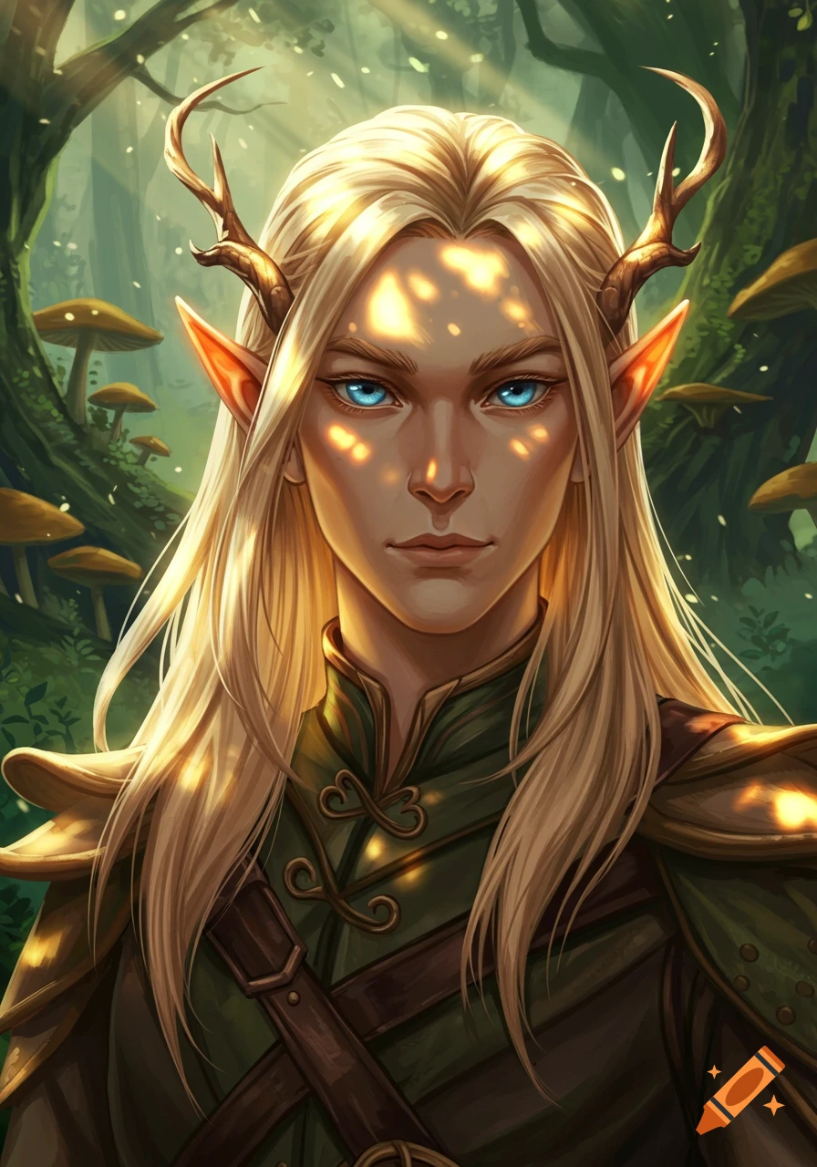Fantasy portrait of a blonde elf with antlers and blue eyes in a sunlit forest.