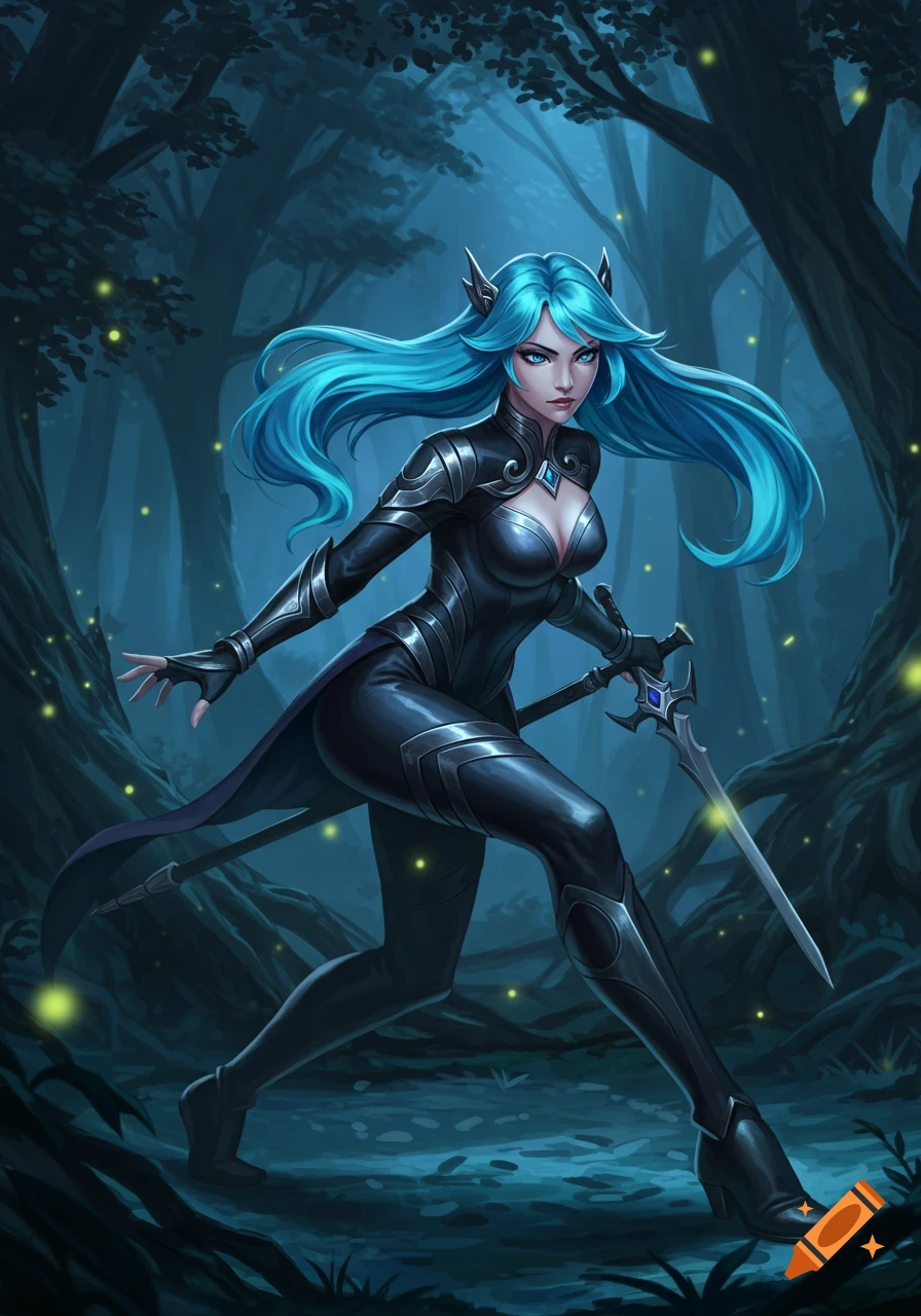 Digital painting of a blue-haired female warrior in dark armor with a sword, standing in a mystical forest with glowing fireflies.