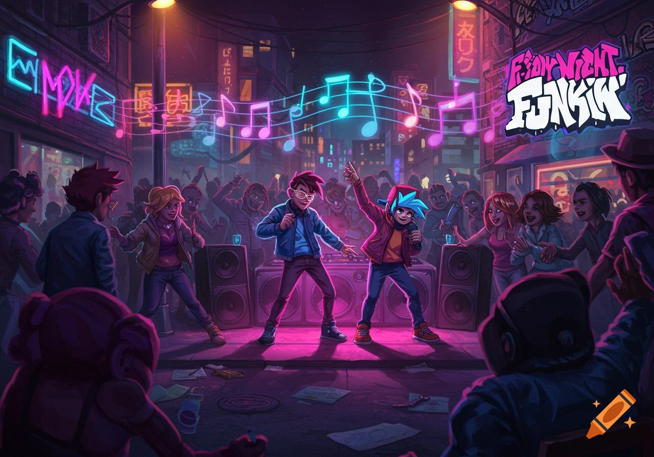 A neon-lit street party with characters from Friday Night Funkin' performing on a stage for a dancing crowd.