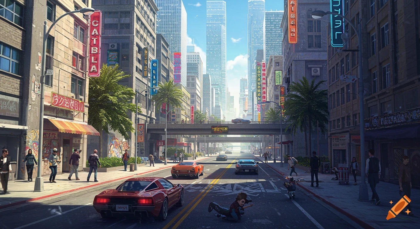 A vibrant, cartoon-like cityscape with modern high-rise buildings under a clear sky. A wide street in the foreground features several sports cars, with one red car closest to the viewer. People walk on sidewalks lined with storefronts, some with neon signs and graffiti. An overpass crosses the street in the midground, with more distant buildings fading into the background.