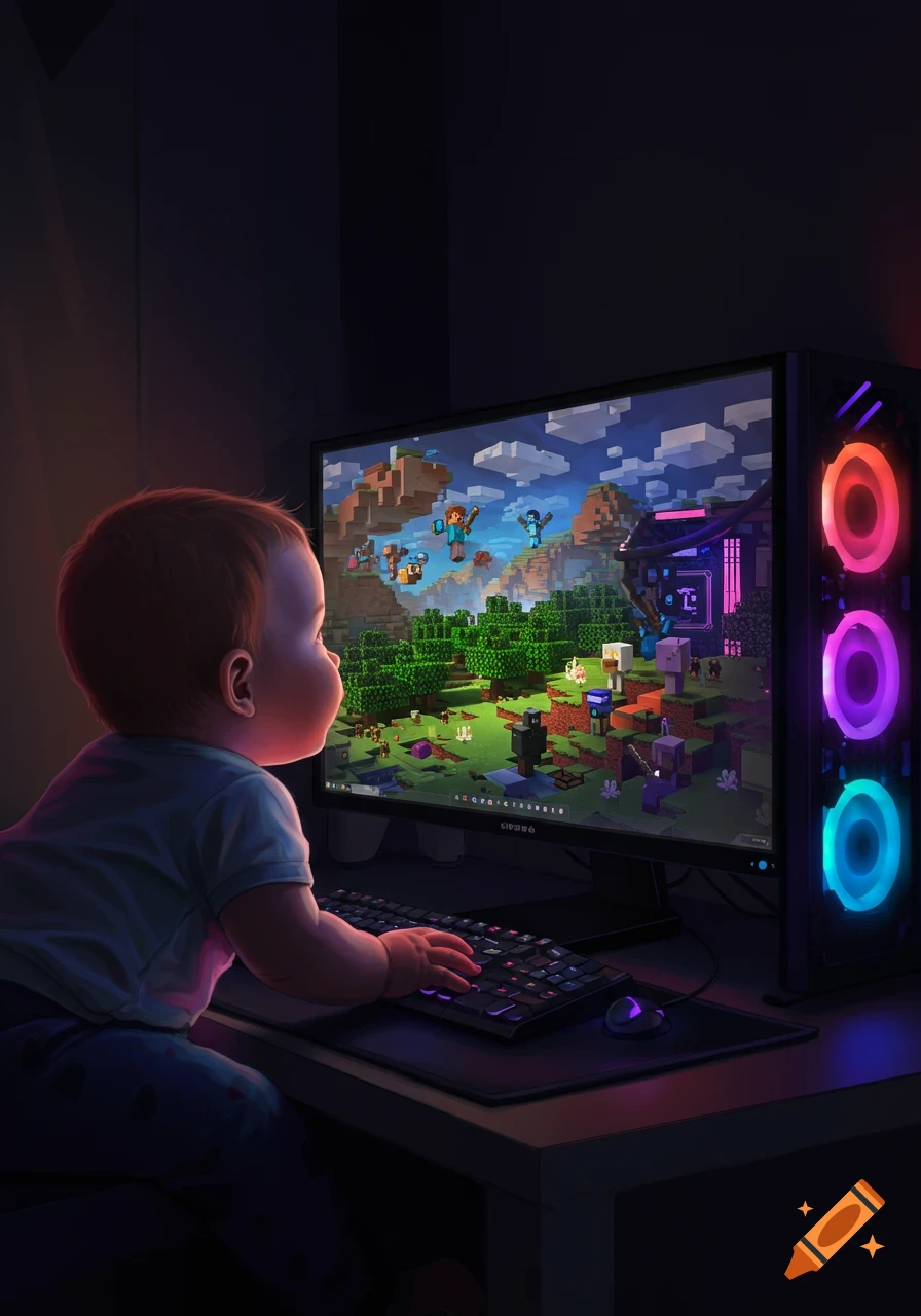 A baby sits in front of a computer, looking at the screen displaying a Minecraft game. The gaming PC has colorful RGB lights.