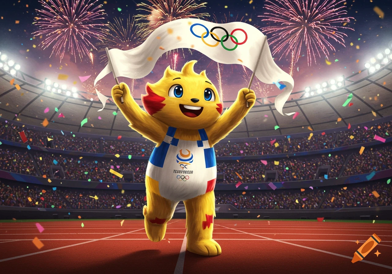 A cheerful yellow and red Olympic mascot with blue eyes runs on a track in a stadium, holding a banner with Olympic rings. Fireworks explode in the night sky as confetti falls.