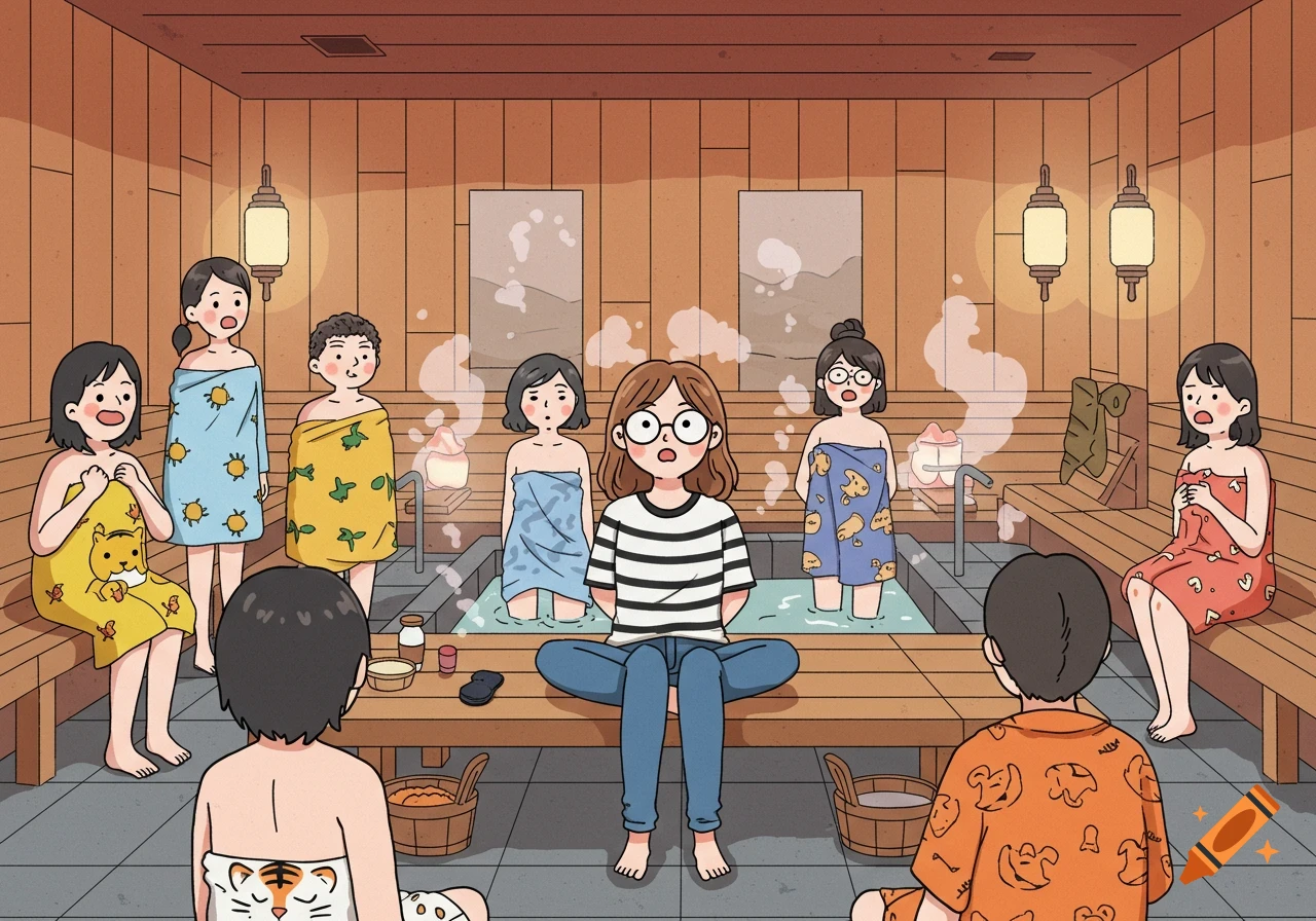 Cartoon illustration of people in a jjimjilbang. A woman in a striped shirt sits cross-legged, surrounded by others in towels, all looking surprised.