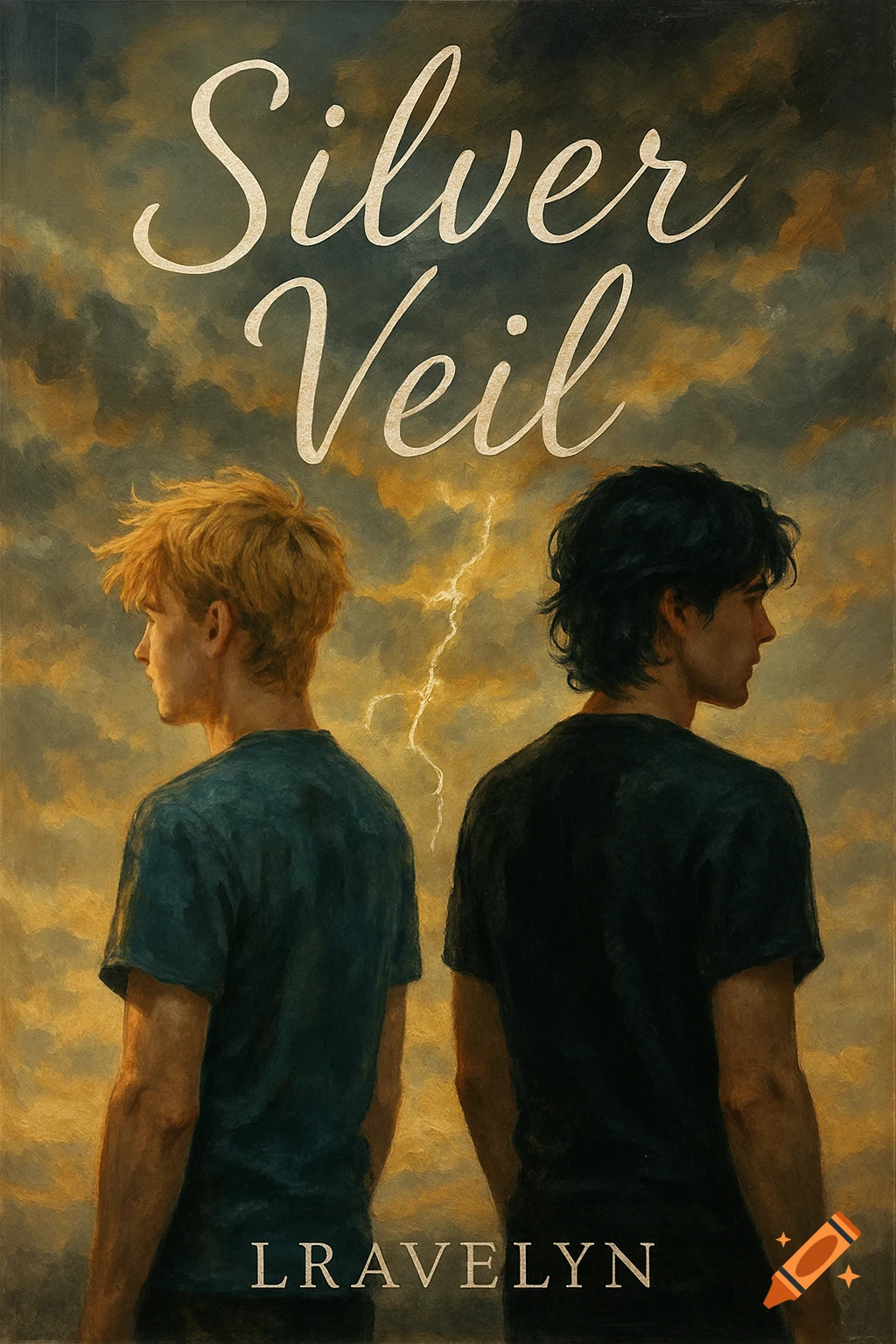 Acrylic painting of two young men, back to viewer, in front of a stormy sky with lightning. Text 'Silver Veil' and 'LRavelyn'.
