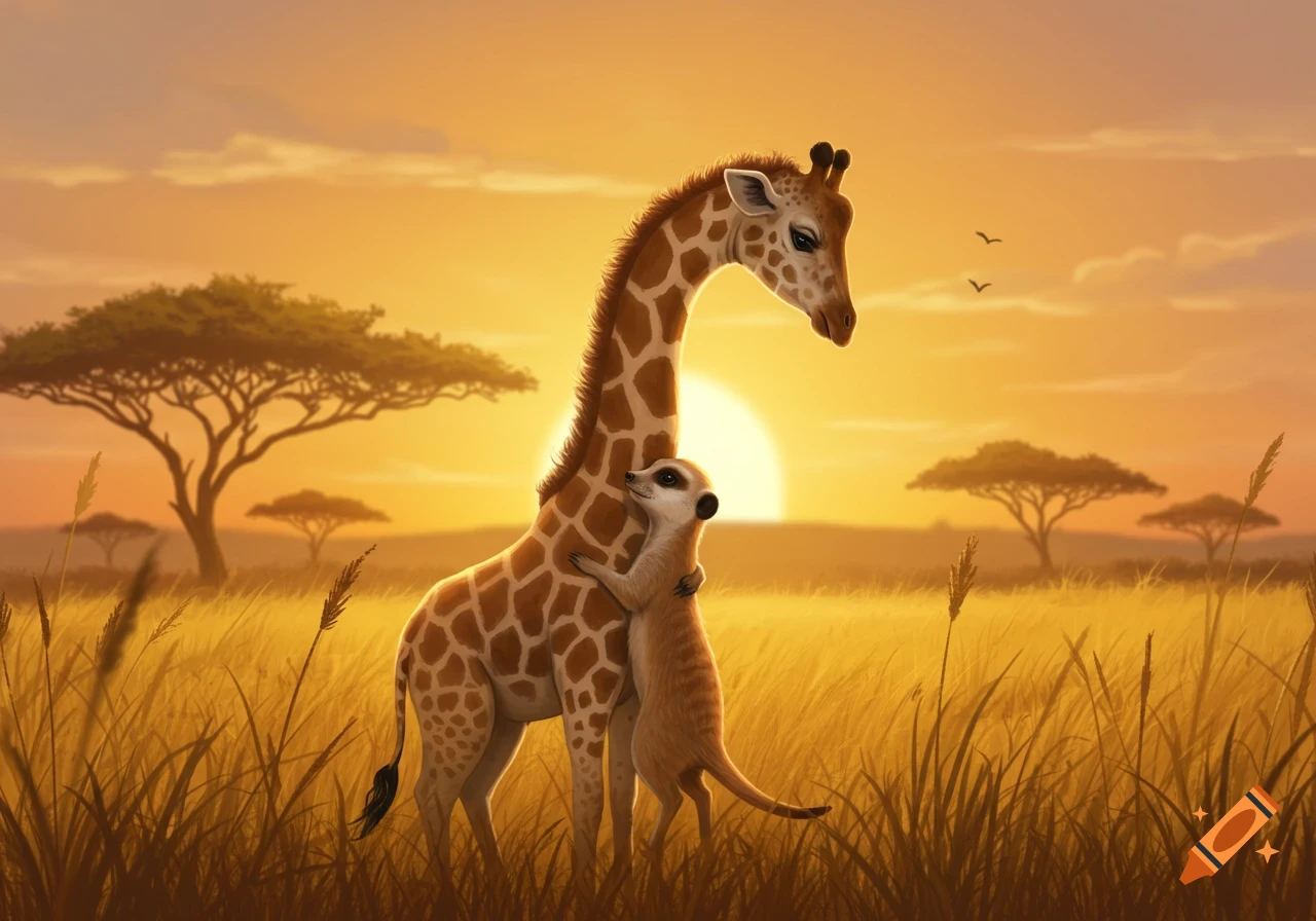 A meerkat hugs a giraffe in a golden savanna at sunset, with acacia trees in the background, in an illustrative style.