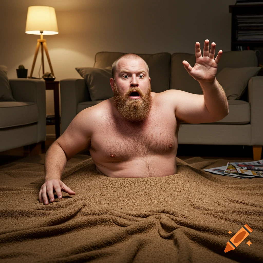 A surprised, shirtless, bearded man sinks into a living room carpet that has turned into quicksand, one hand raised.