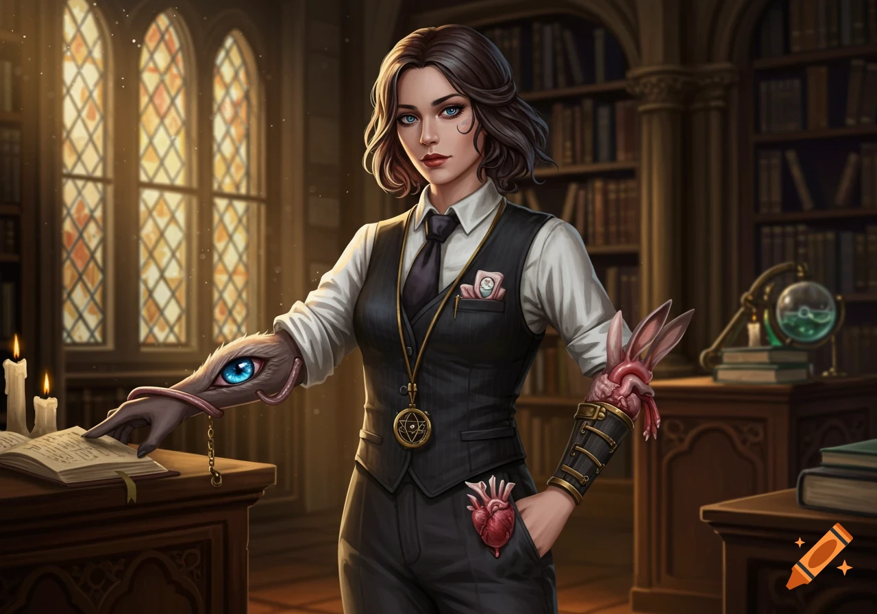 A woman in a pinstripe vest and tie stands in a library. She has an eye on her right forearm, rabbit paws on her left, and a heart in her pocket.