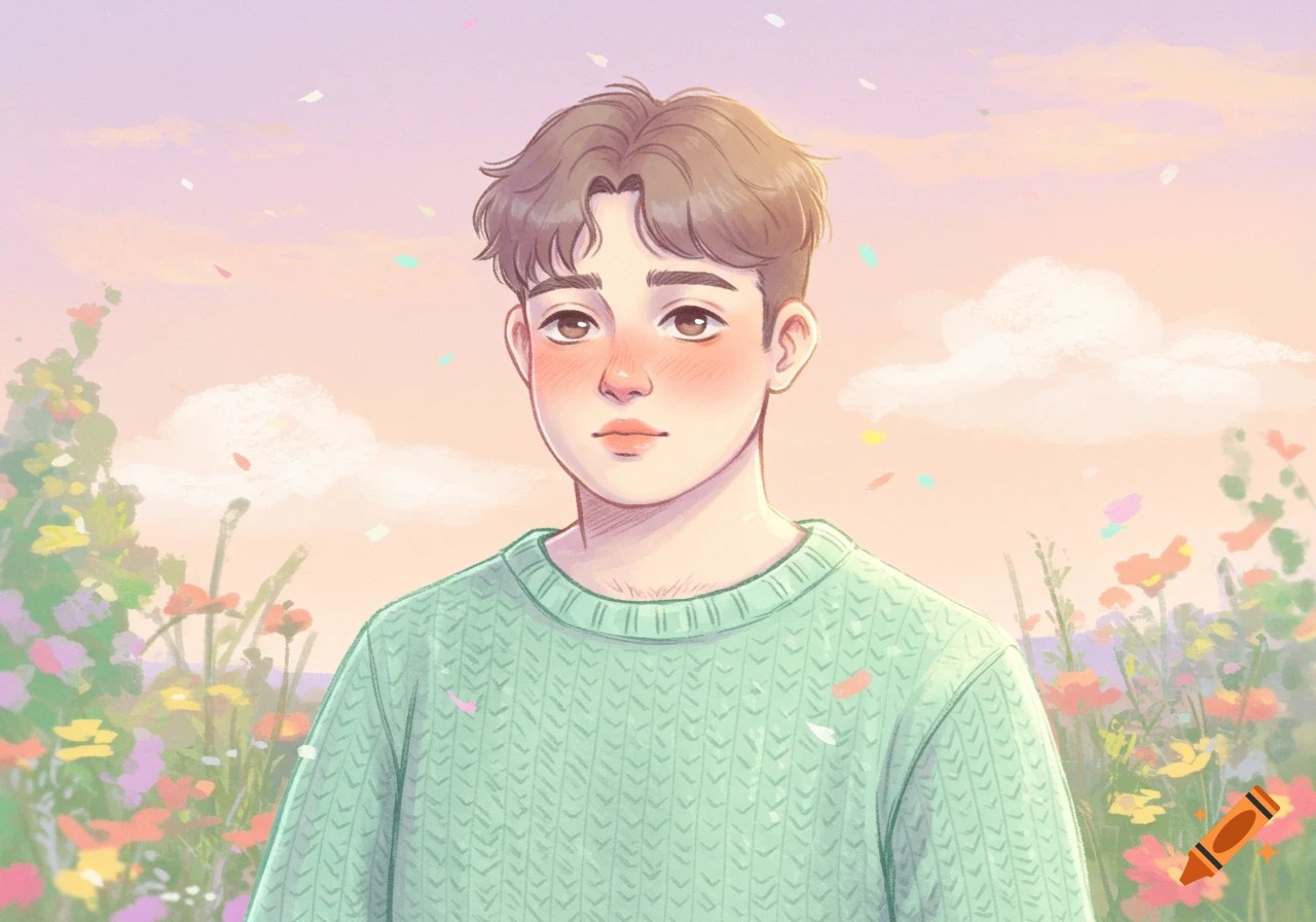 A cartoon man with brown hair and rosy cheeks wears a green sweater in a field of colorful flowers under a pastel sky.