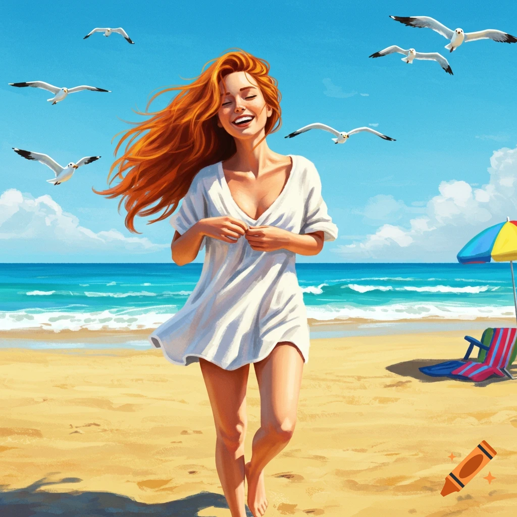 An illustration of a happy redhead woman in a white cover-up running on a sunny beach with seagulls flying above the blue ocean.