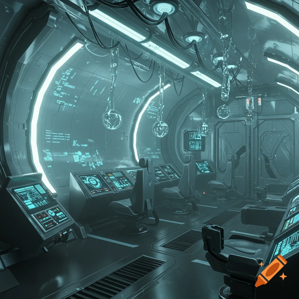 Futuristic, dimly lit control room of a spaceship or alien craft with multiple consoles, seats, and glowing cyan screens.