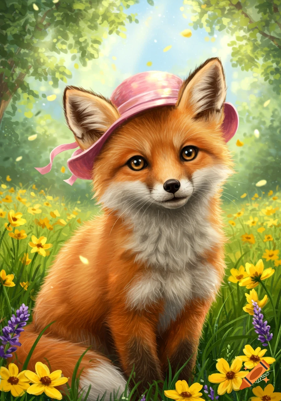A cute, fluffy orange and white fox wearing a pink hat sits in a sunny field of yellow and purple flowers, detailed illustration.