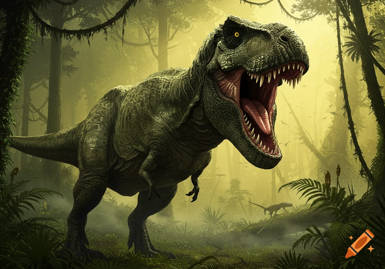 A powerful T-Rex roars with its mouth open and teeth exposed, standing in a misty, lush green jungle with dense foliage and tall trees.