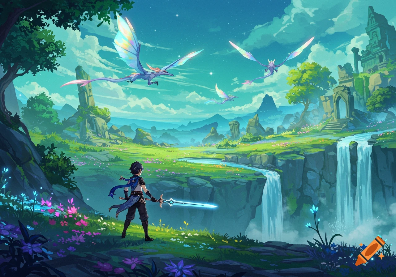 Anime-style fantasy landscape with a character holding a glowing sword, flying creatures, waterfalls, and ancient ruins.