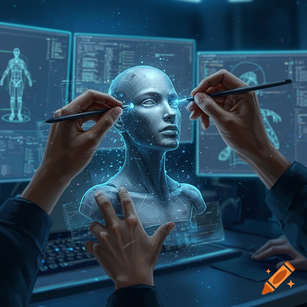 Hands digitally sculpt a glowing wireframe 3D human bust in a futuristic setting with holographic screens.