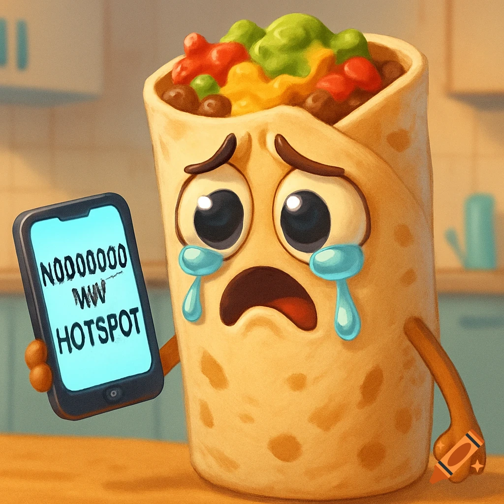 A sad cartoon burrito holding a phone with 'NOOOOOOOO MW HOTSPOT' on the screen.