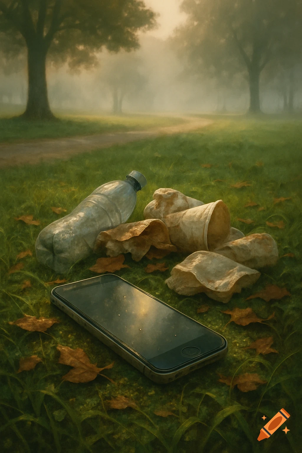 A plastic bottle, crumpled paper cups, and a smartphone lie as litter on lush green grass with autumn leaves in a misty park.