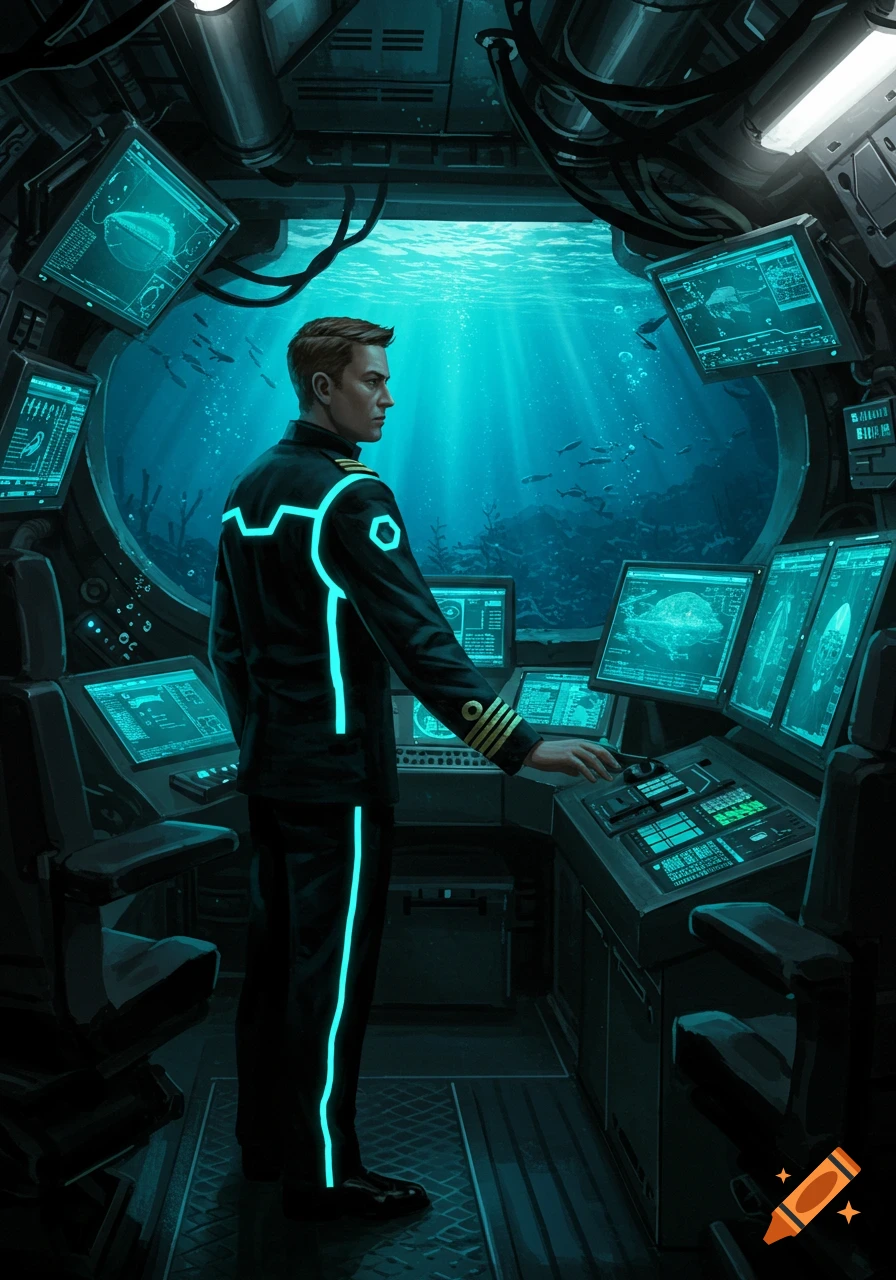 A man in a glowing uniform stands in a futuristic submarine control room, looking out at the deep blue ocean with fish.
