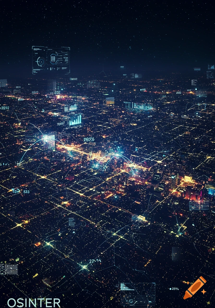 Aerial view of a futuristic city at night, with glowing data networks and holographic interfaces overlaying the illuminated cityscape.
