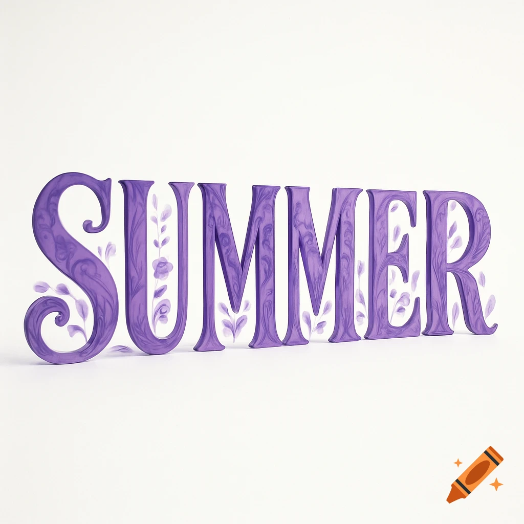 The word "SUMMER" rendered in large, vibrant purple, decorative letters with subtle floral accents on a plain white background.