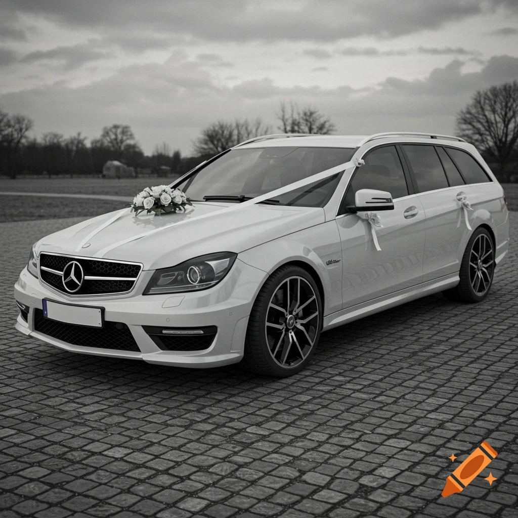A black and white photo of a white Mercedes C63 AMG station wagon decorated with white ribbons and a floral arrangement on the hood for a wedding, parked on cobblestones.