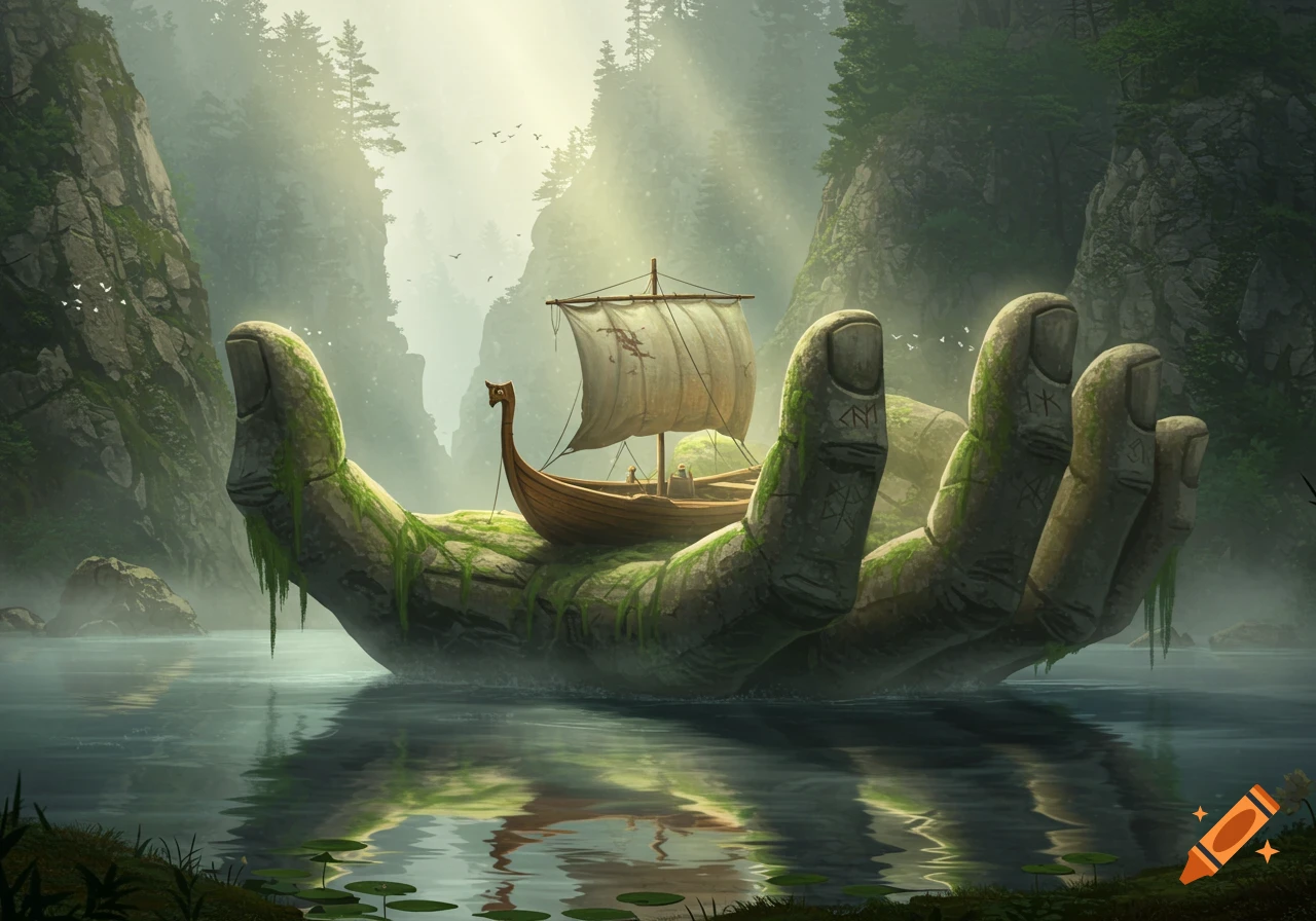 A fantasy illustration of a giant moss-covered stone hand rising from a misty lake, holding a small wooden sailboat under a sunlit forest.