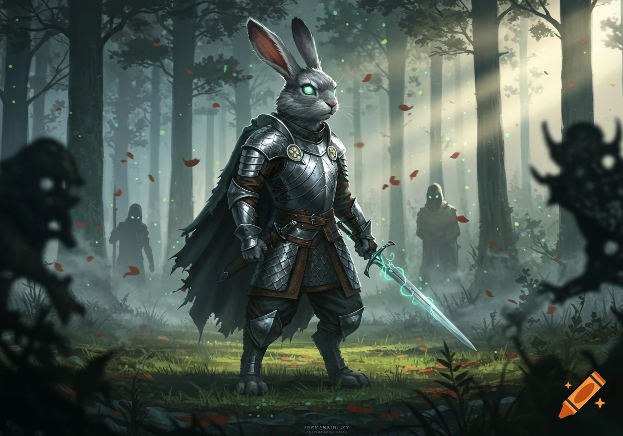 An armored rabbit warrior with glowing eyes stands in a dark, misty forest, holding a glowing sword.