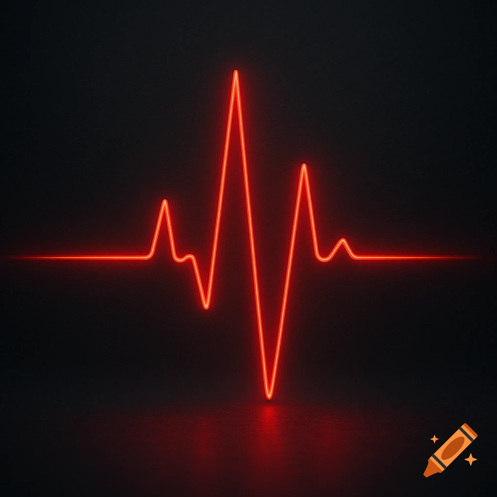 Bright red neon cardiogram line on a dark, reflective surface.