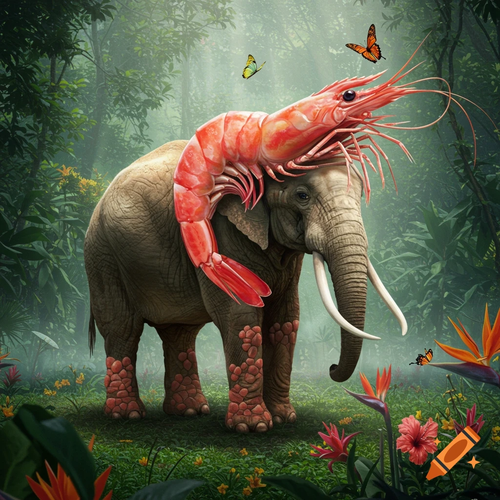 A surreal photorealistic image of an elephant carrying a giant cooked shrimp on its back, in a lush jungle with tropical flowers.