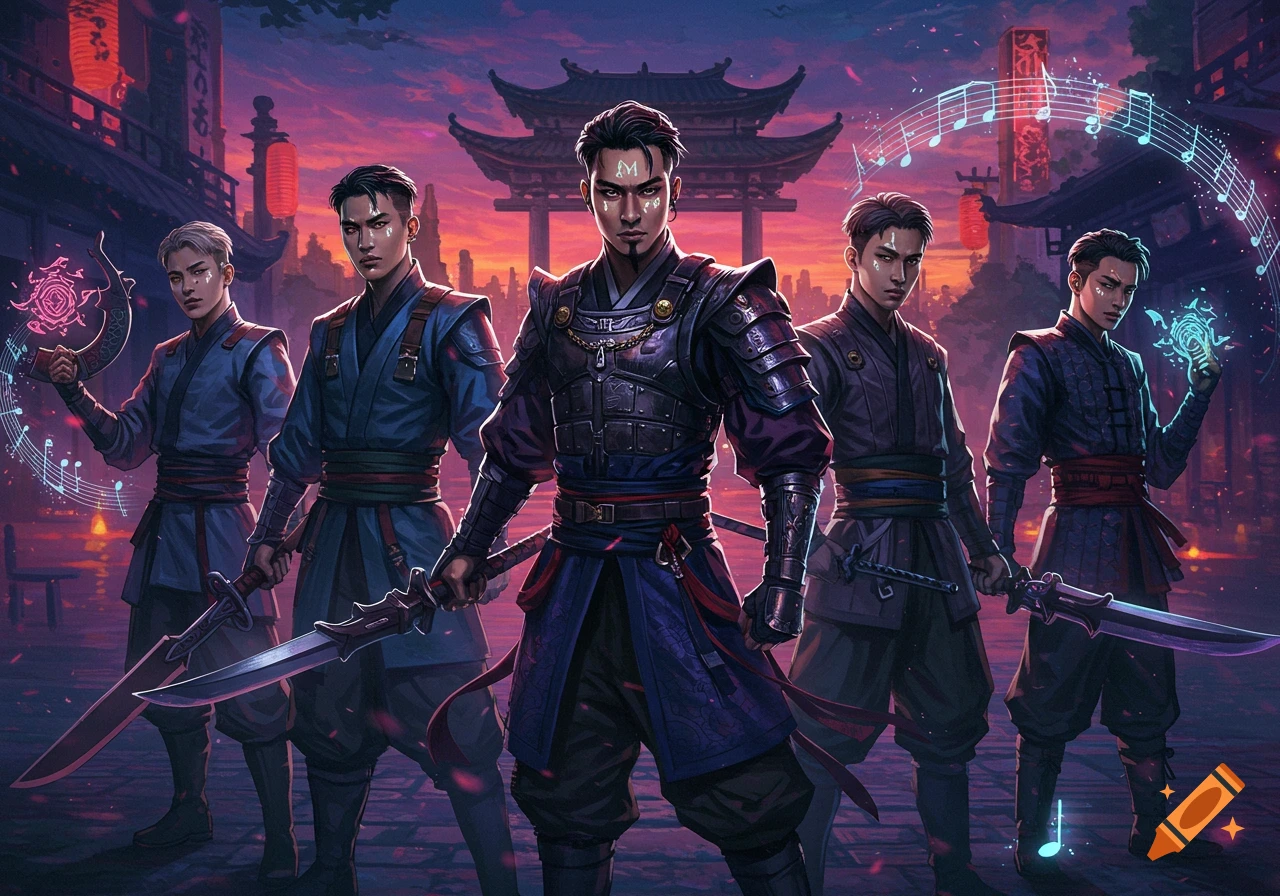 Five K-pop inspired demon hunters stand with swords in a fantasy village at sunset, surrounded by magical glows and musical notes.