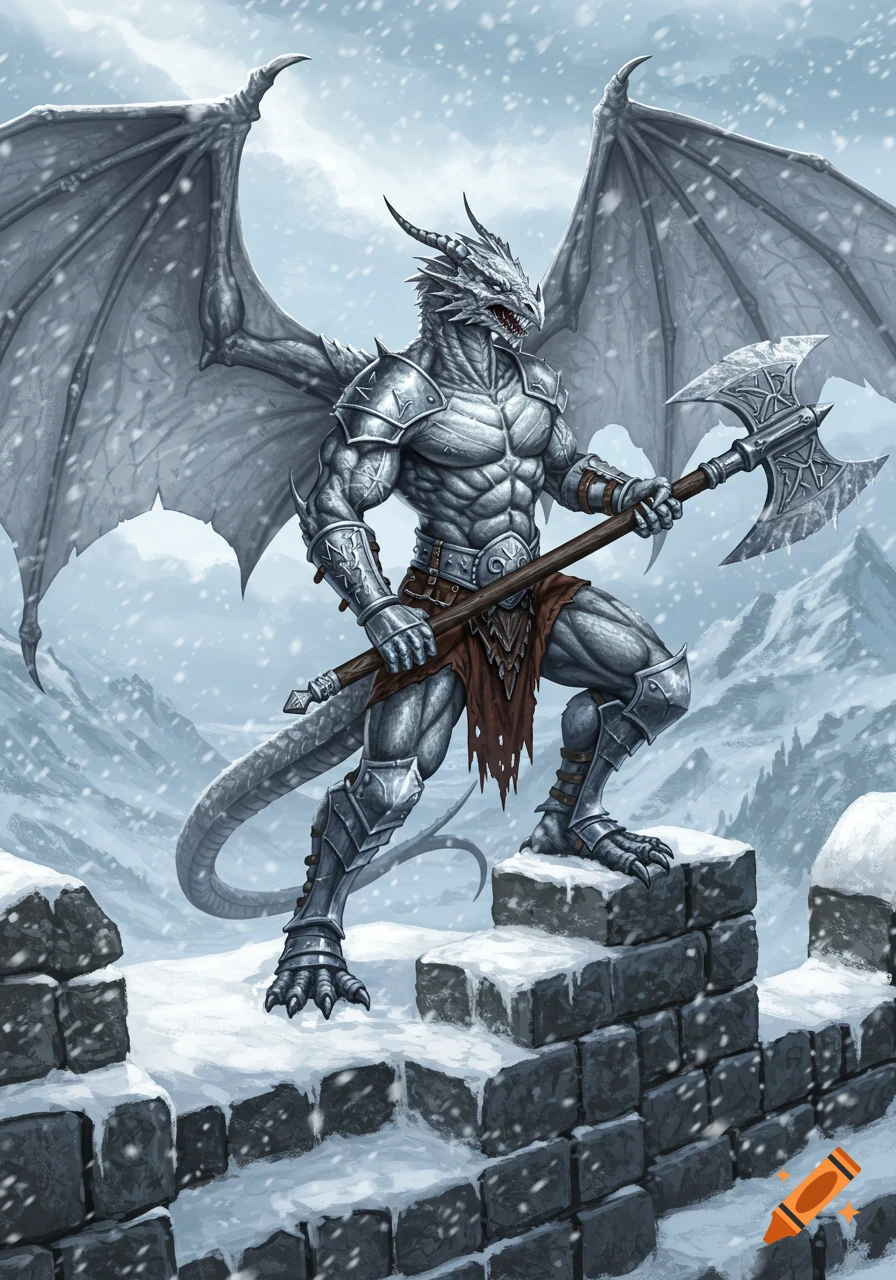 A muscular, winged silver Dragonborn barbarian in armor holds a greataxe on snowy battlements with mountains in the background.