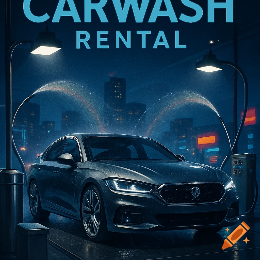 Photorealistic night scene of a dark sedan being washed at a carwash, with city lights in the background and 'CARWASH RENTAL' text.