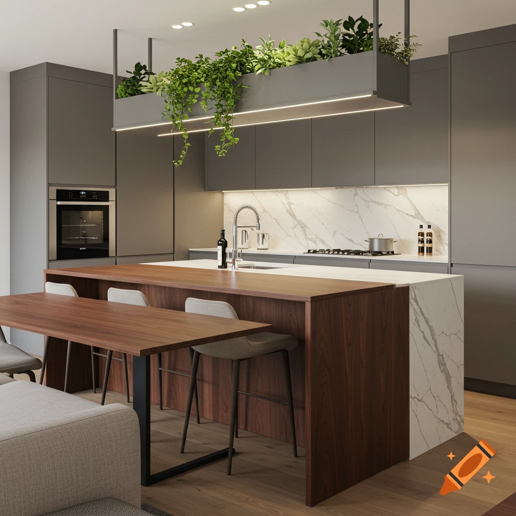 Modern kitchen with gray cabinets, marble backsplash, a large wooden island with a dining table, and hanging plants.