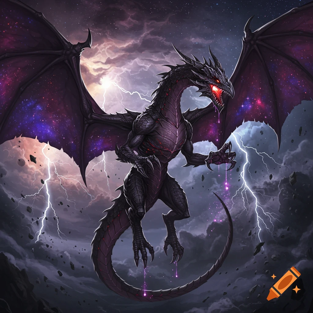 A powerful black and purple dragon with red eyes and cosmic wings, dripping stardust, soaring through a stormy sky with lightning and galaxies.