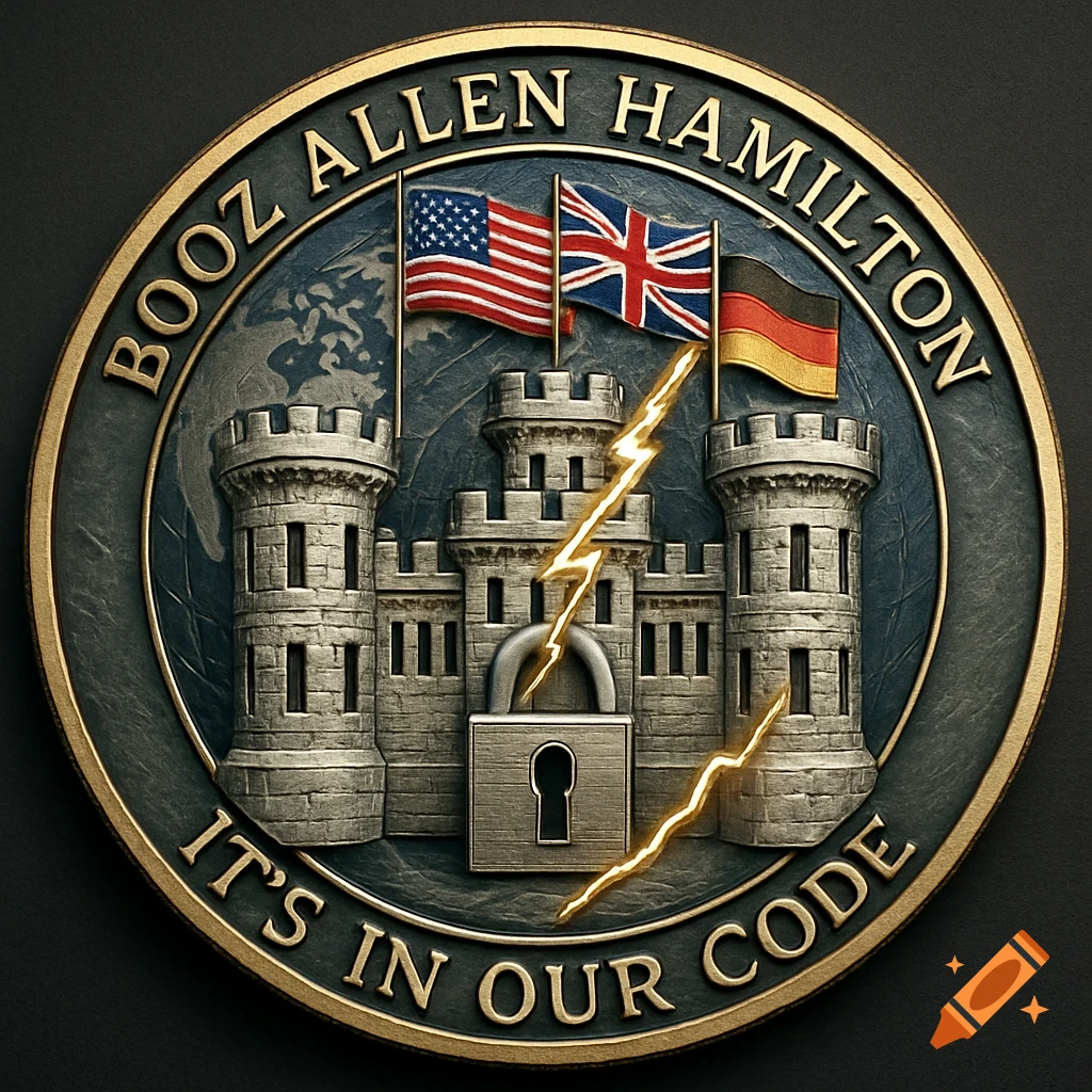 A metallic emblem featuring a castle, padlock, lightning bolt, US, UK, and German flags on a globe background. Text reads 'BOOZ ALLEN HAMILTON' and 'IT'S IN OUR CODE'.