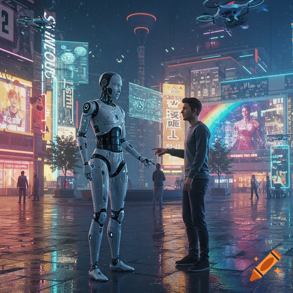 A photorealistic image of a man and a humanoid robot interacting on a wet, neon-lit futuristic city street at night.