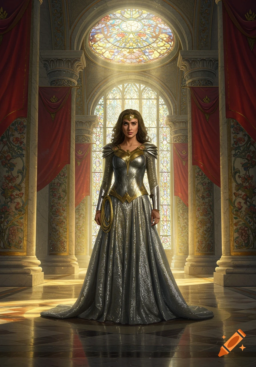 Wonder Woman in a silver and gold gown with armored shoulders and a golden tiara, standing in a sunlit grand hall.