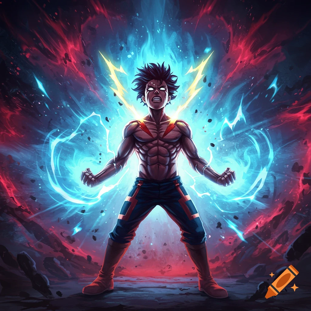 Anime hero powering up with a fierce expression, surrounded by explosive blue and red energy, in a dynamic pose.