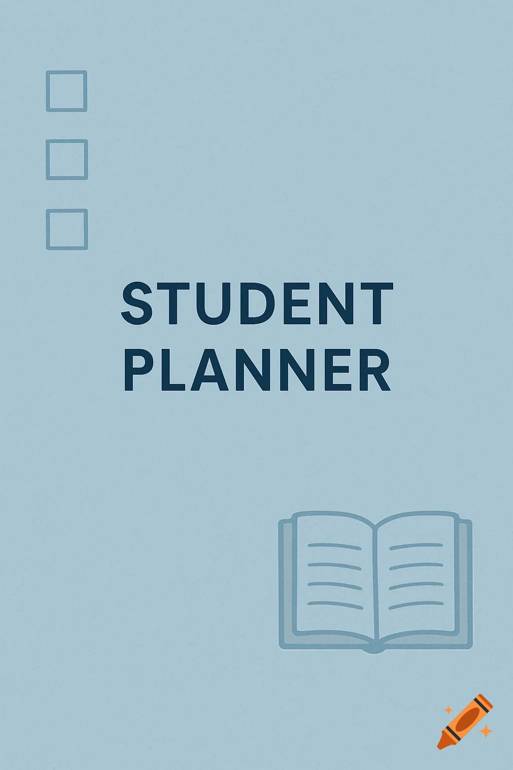 A minimalist student planner cover with a pastel blue background, 'STUDENT PLANNER' text, checkboxes, and an open book icon.